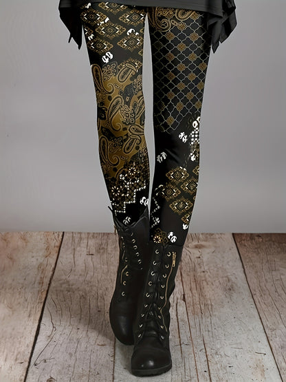 Allover Print Skinny Leggings, Vintage Elastic Waist Stretchy Leggings, Women's Clothing