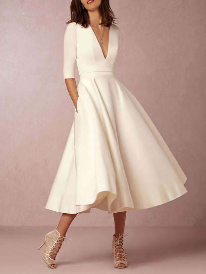 gbolsos  Plunging Solid A-line Dress, Casual Half Sleeve Dress For Spring & Summer, Women's Clothing