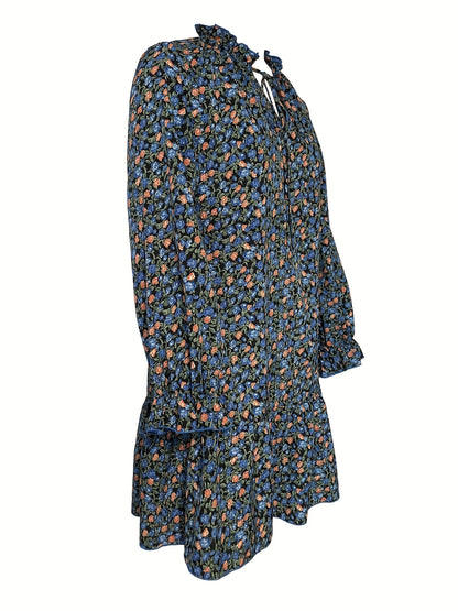 gbolsos  Ditsy Floral Print Dress, Elegant Tie Front Long Sleeve Dress, Women's Clothing