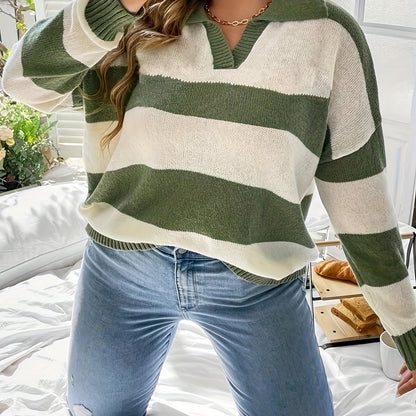 gbolsos   Plus Size Casual Sweater, Women's Plus Colorblock Stripe Print Drop Shoulder Long Sleeve V Neck Lapel Collar Slight Stretch Pullover Sweater