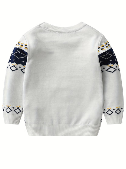 Boys Stylish Geometric Sweater Round Neck Long Sleeve Stretch Warm Knit Pullover Top Kids Clothes Outdoor