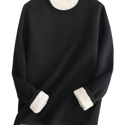 Solid Fleece Sweatshirt, Casual Long Sleeve Crew Neck Sweatshirt For Fall & Winter, Women's Clothing