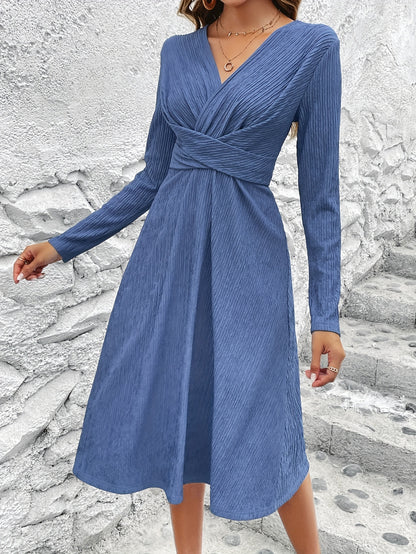 Criss Cross Solid Dress, Elegant Simple V Neck Long Sleeve Dress, Women's Clothing