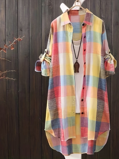 Plaid Print Dipped Hem Shirt, Casual Mid Length Button Front Turn Down Collar Long Sleeve Shirt, Women's Clothing