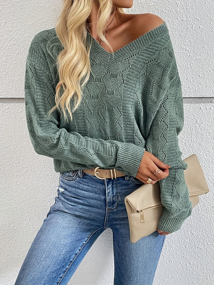 gbolsos  Eyelet V Neck Pullover Sweater, Casual Long Sleeve Sweater For Fall & Winter, Women's Clothing