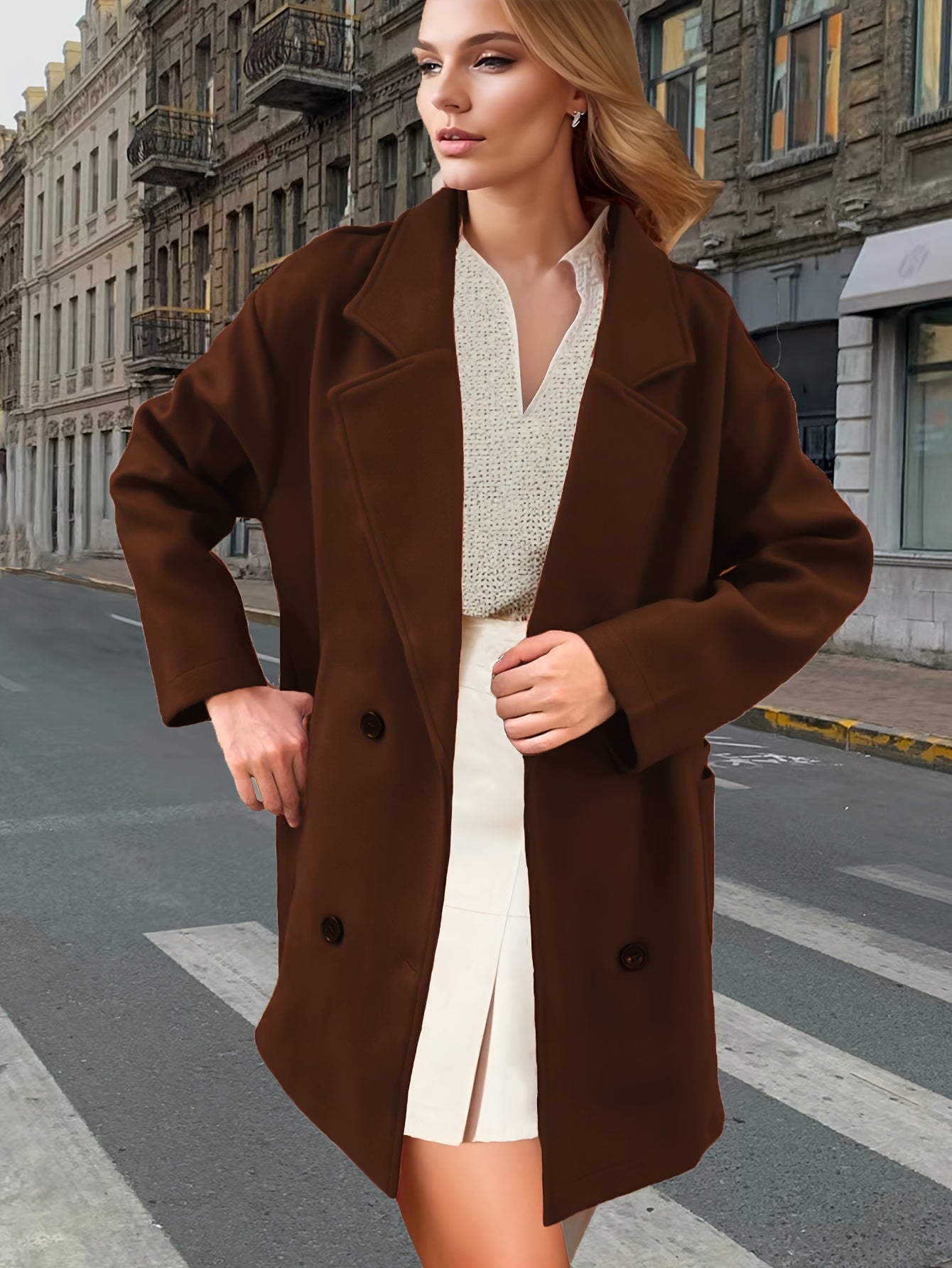 Solid Dual Breasted Notch Collar Overcoat, Casual Long Sleeve Coat For Fall & Winter, Women's Clothing