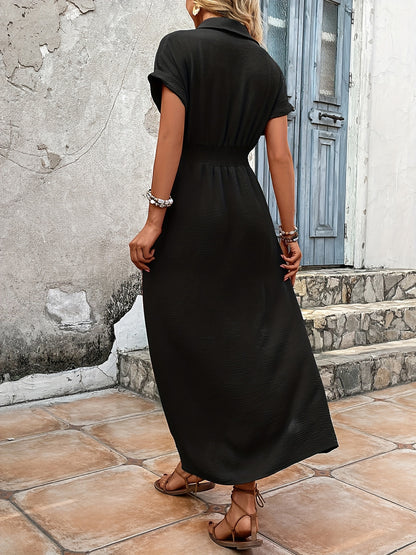 gbolsos  Twist Button Front Dress, Casual Solid Short Sleeve Maxi Dress, Women's Clothing