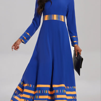gbolsos  Striped & Color Block Ankle Dress, Casual Crew Neck Long Sleeve Dress, Women's Clothing