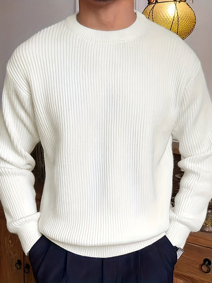 gbolsos Warm Texture Knitted Sweater, Men's Casual Solid Color Slightly Stretch Round Neck Pullover Sweater For Fall Winter