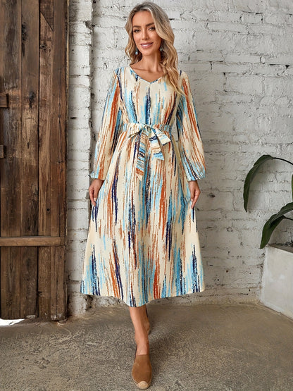gbolsos  Abstract Print Midi Dress, Casual V Neck Long Sleeve Dress, Women's Clothing