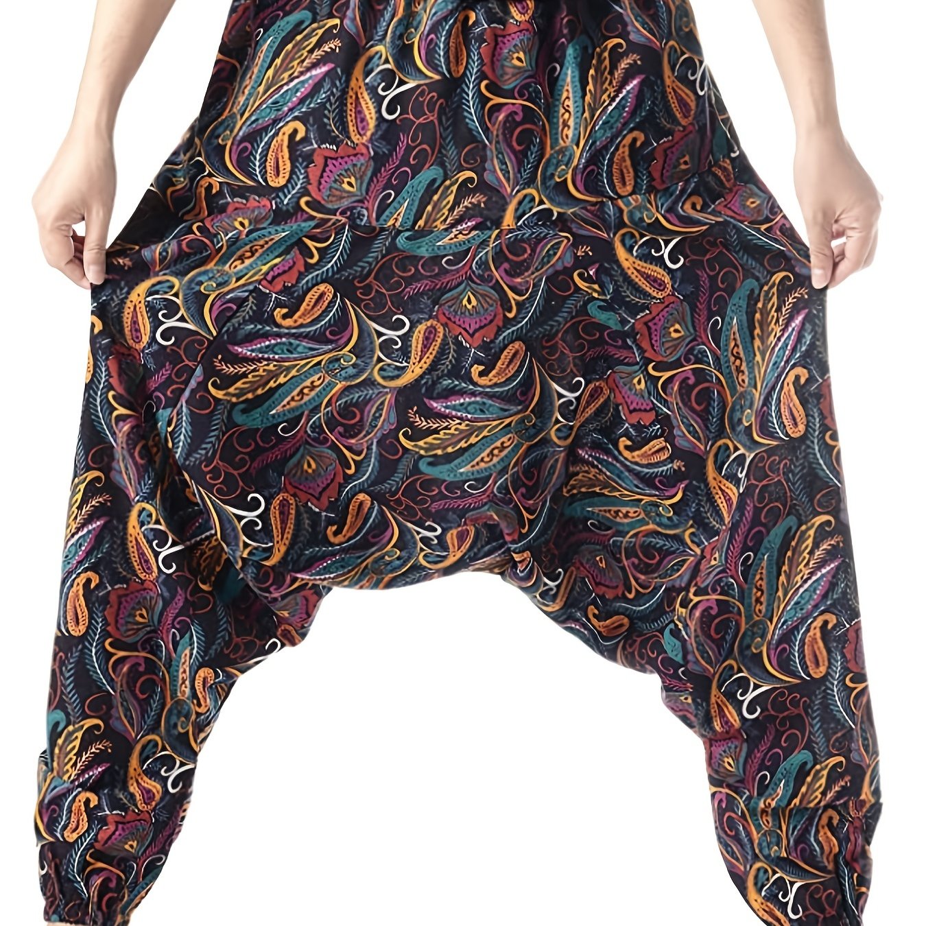 gbolsos Ethnic Pattern Vintage Cotton Harem Pants, Men's Casual Drop Crotch Jogging Harem Pants For Spring Summer