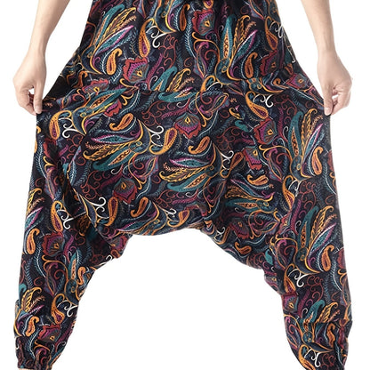 gbolsos Ethnic Pattern Vintage Cotton Harem Pants, Men's Casual Drop Crotch Jogging Harem Pants For Spring Summer