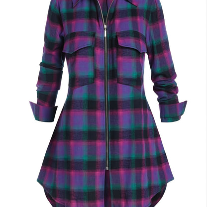 gbolsos  Plus Size Zip Up Plaid Pattern Long Sleeve Longline Shirt, Women's Plus Lapel Collar Casual Longline Blouse