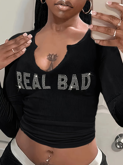 gbolsos  Letter Rhinestone Notched Neck Knitted Top, Casual Long Sleeve Crop Slim Sweater, Women's Clothing