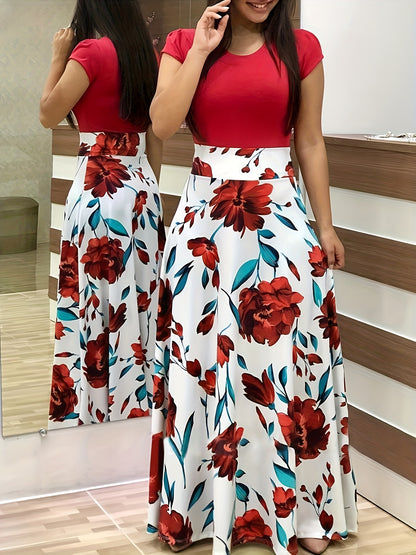gbolsos  Floral Print Splicing Dress, Elegant Crew Neck Short Sleeve Pleated Maxi Dress, Women's Clothing