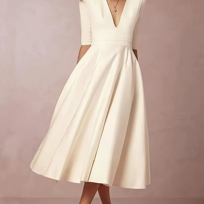 gbolsos  Plunging Solid A-line Dress, Casual Half Sleeve Dress For Spring & Summer, Women's Clothing