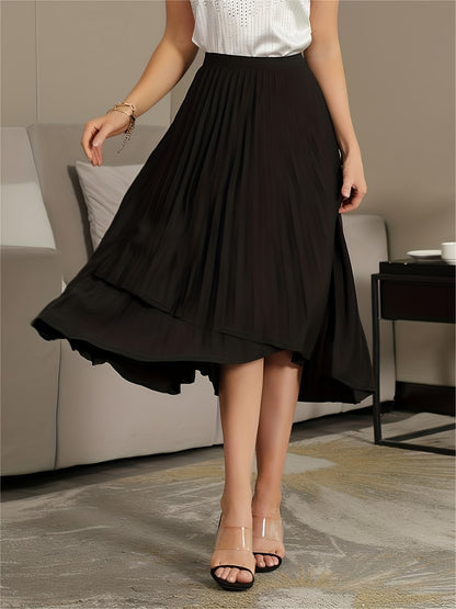 Solid Pleated Skirts, Elegant Asymmetrical High Waist A Line Skirts, Women's Clothing