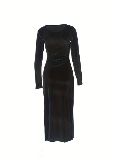 gbolsos  Long Sleeve Velvet Dress, Crew Neck Side Slit Dress For Club, Party, Women's Clothing