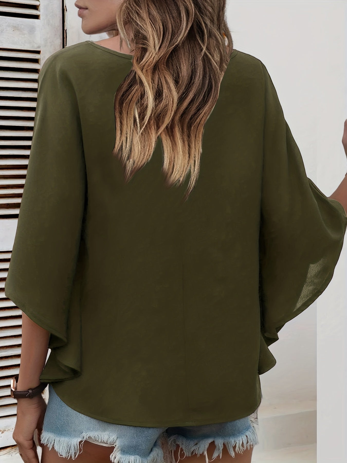 Batwing Sleeve V Neck Blouse, Loose Casual Top For Fall & Spring, Women's Clothing