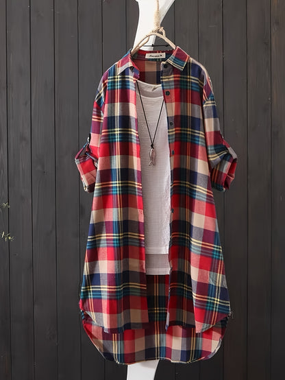 gbolsos  Plaid Print Button Front Shirt, Thigh Length Long Sleeve Shirt For Spring & Fall, Women's Clothing