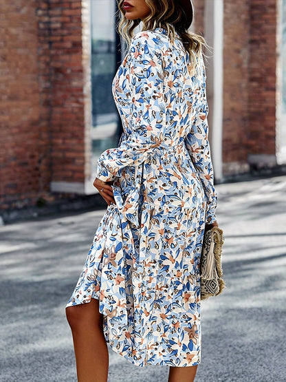 gbolsos  Floral Print Button Front Dress, Boho Long Sleeve V Neck Dress, Women's Clothing