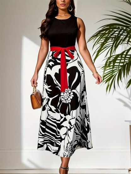 gbolsos  Floral Print Round Neck Sleeveless Tie Waist Dress, Vintage Stitch Flared Maxi Dress, Women's Clothing