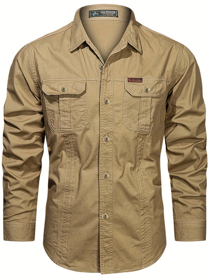 gbolsos  Trendy Men's Casual Long Sleeve Cargo Shirt With Pockets, Men's Shirt For Spring Autumn, Tops For Men