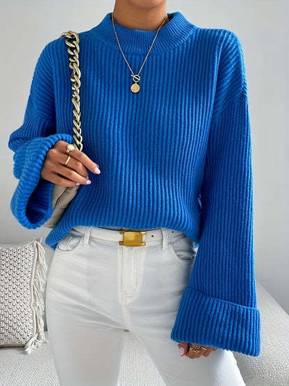 gbolsos  Solid Mock Neck Pullover Sweater, Casual Long Sleeve Drop Shoulder Sweater For Fall & Winter, Women's Clothing