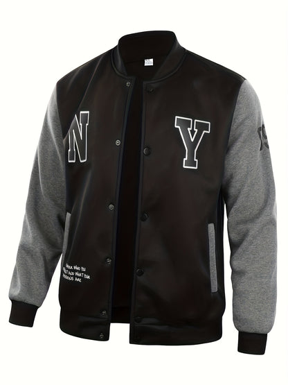 gbolsos  NY Print Varsity Jacket, Men's Casual Slightly Stretchy Baseball Jacket Contrast Colors Stitching Coat Regular Fit College Hipster Windbreaker For Spring Autumn