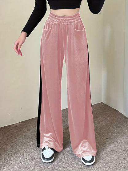 Velvet High Waist Pants, Casual Elastic Wide Leg Draped Pants With Pockets, Women's Clothing