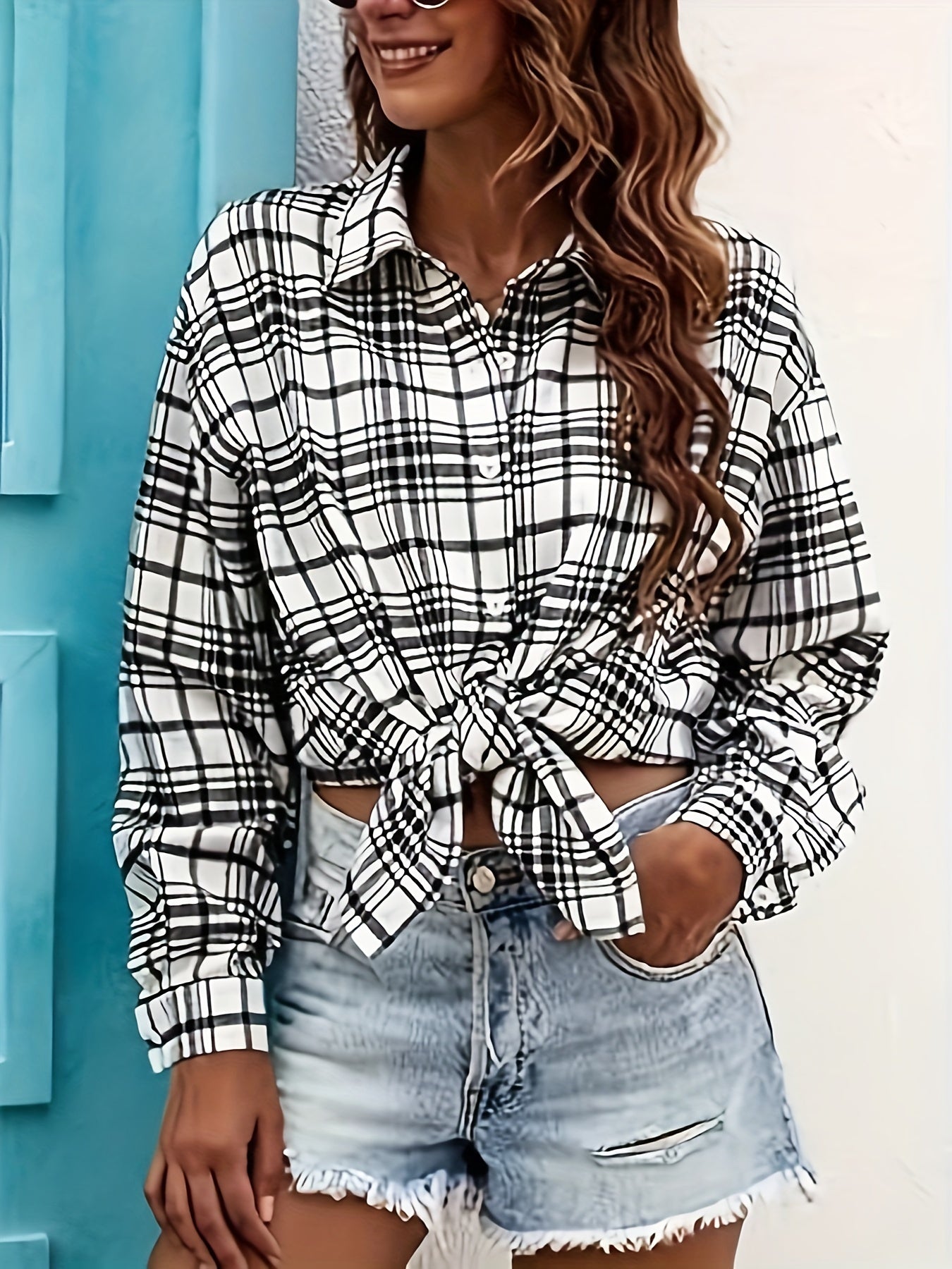 Button Front Plaid Print Jacket, Casual Long Sleeve Jacket For Spring & Fall, Women's Clothing
