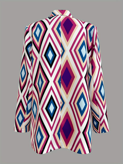 gbolsosArgyle Print Lapel Blazer, Casual Open Front Long Sleeve Outerwear, Women's Clothing