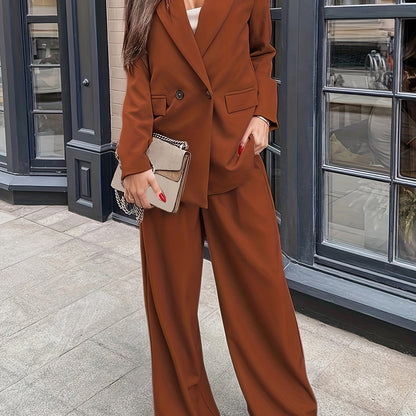gbolsos  Solid Casual Two-piece Set, Lapel Long Sleeve Blazer & Wide Leg Pants Outfits, Women's Clothing