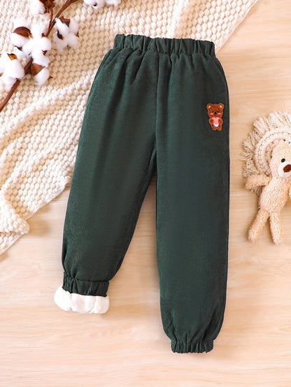 gbolsos  Toddler Girls Fleece Lined Corduroy Jogger Pants Cute Bear Embroidery Elastic Waist For Winter