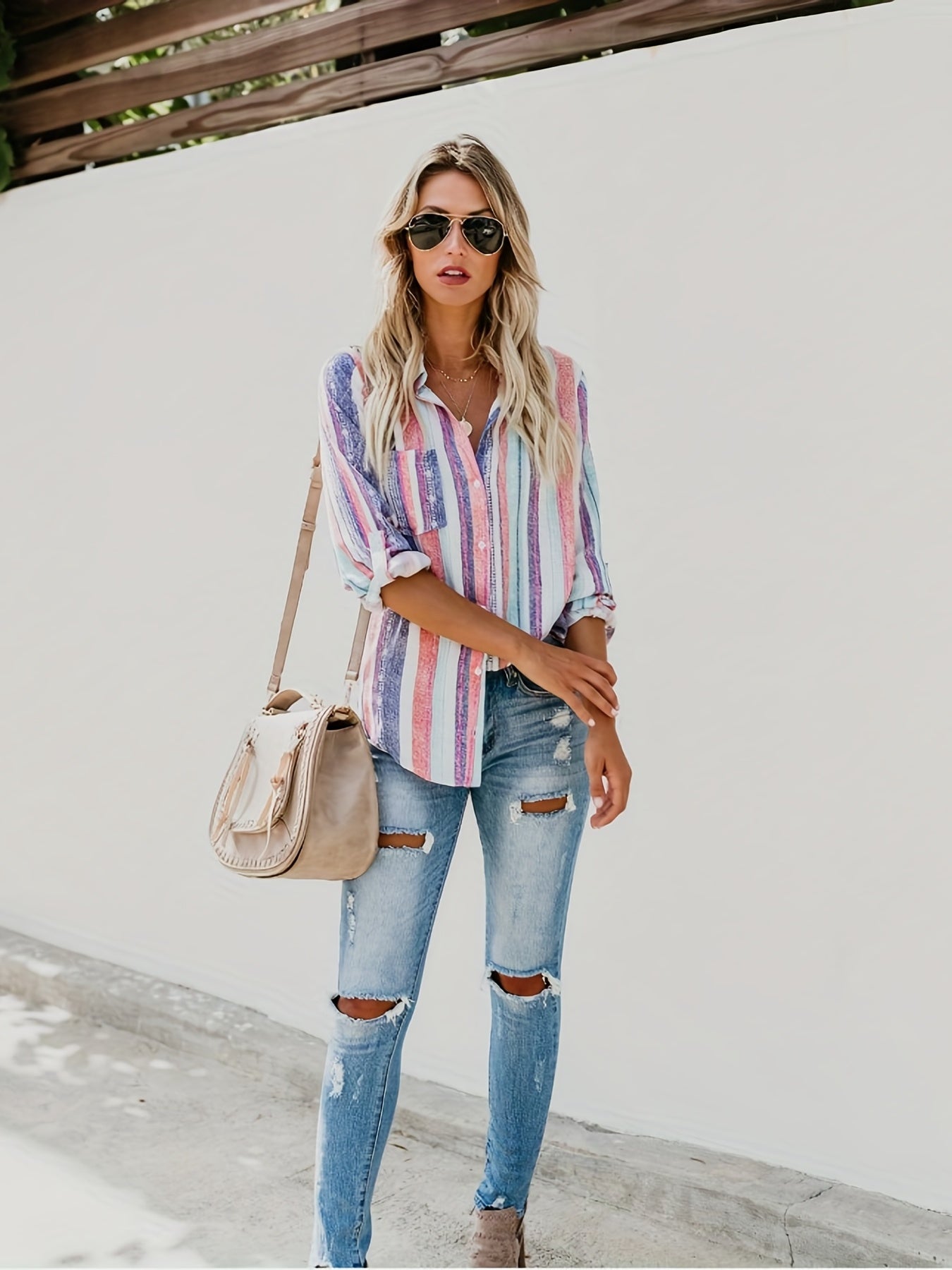 gbolsos  Casual Striped Shirt, Button Up Top For Spring & Fall, Women's Clothing