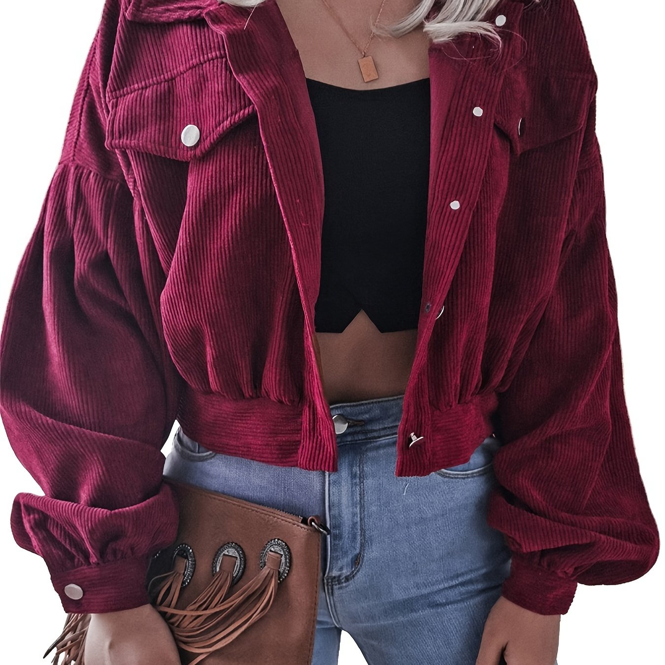 gbolsos  Lapel Corduroy Jacket, Casual Crop Lantern Long Sleeve Jacket For Fall & Winter, Women's Clothing