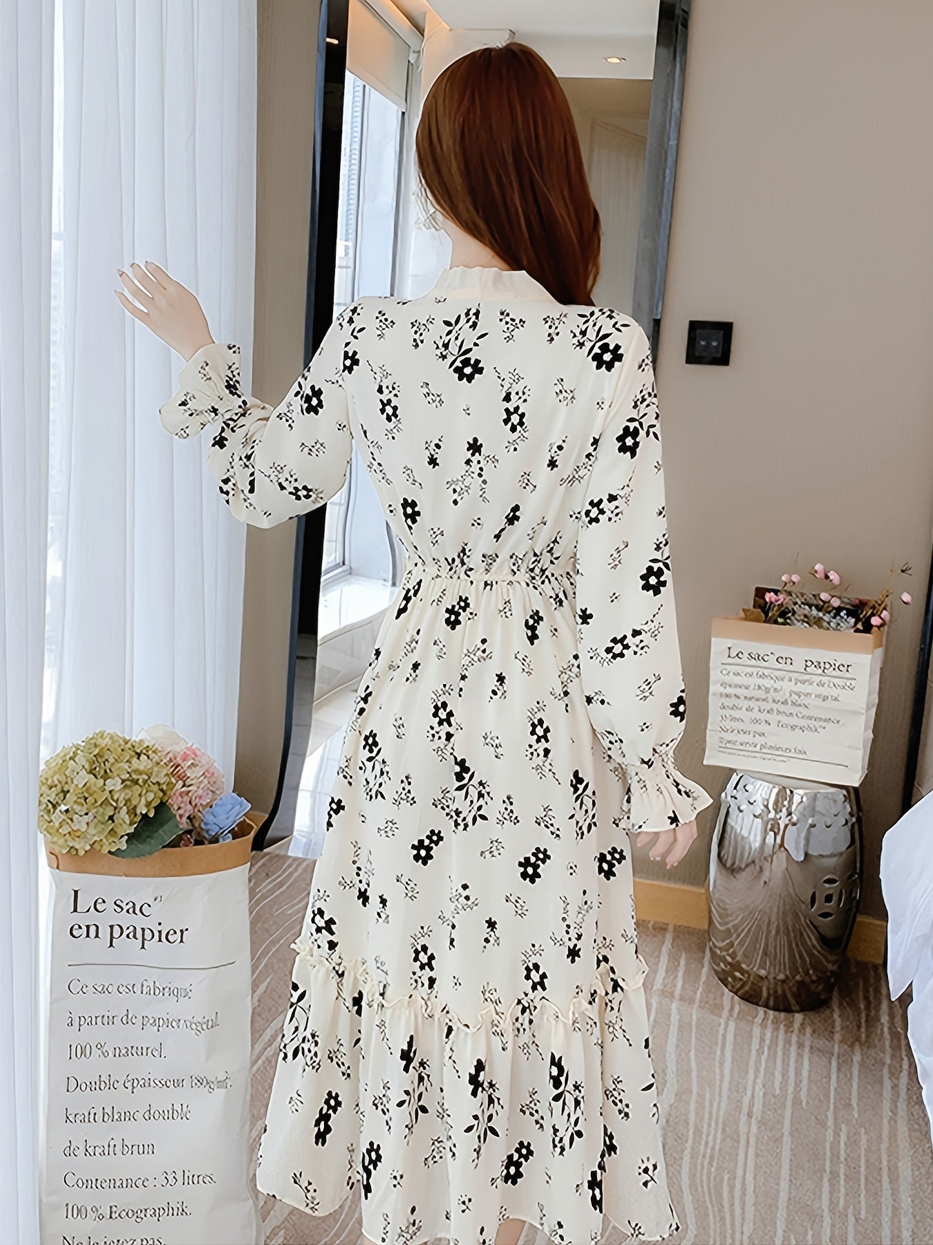 gbolsos  Floral Print High Waist Dress, Elegant Long Sleeve Ruched Maxi Dress, Women's Clothing