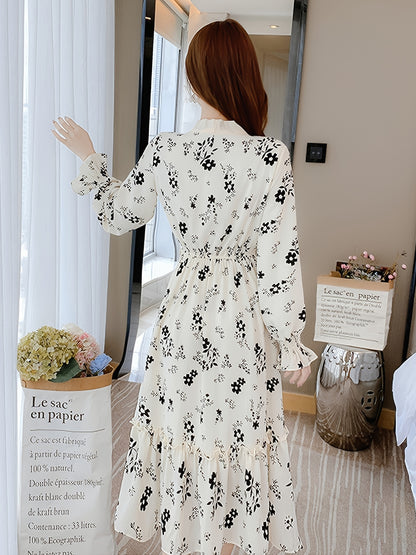 gbolsos  Floral Print High Waist Dress, Elegant Long Sleeve Ruched Maxi Dress, Women's Clothing