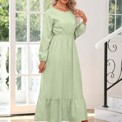 gbolsos  Elegant Crew Neck Draped Extra-long Dress, Casual Long Sleeve Solid Elastic Waist Ruffle Hem Party Long Dresses, Women's Clothing