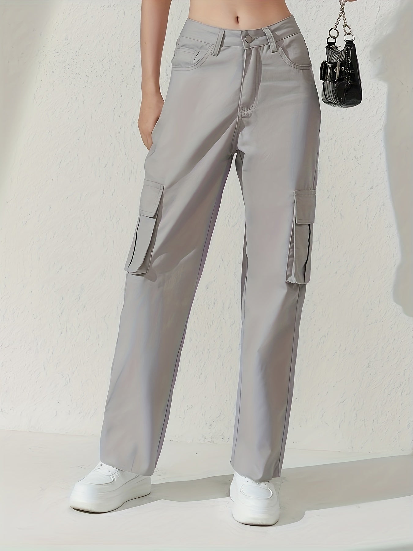 gbolsos  Plain Flap Pockets Cargo Pants, Loose Fit Non-Stretch Y2K & Kpop Style Straight Jeans, Women's Denim Jeans & Clothing