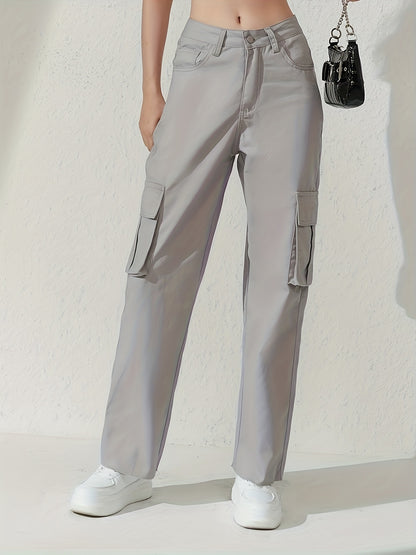gbolsos  Plain Flap Pockets Cargo Pants, Loose Fit Non-Stretch Y2K & Kpop Style Straight Jeans, Women's Denim Jeans & Clothing