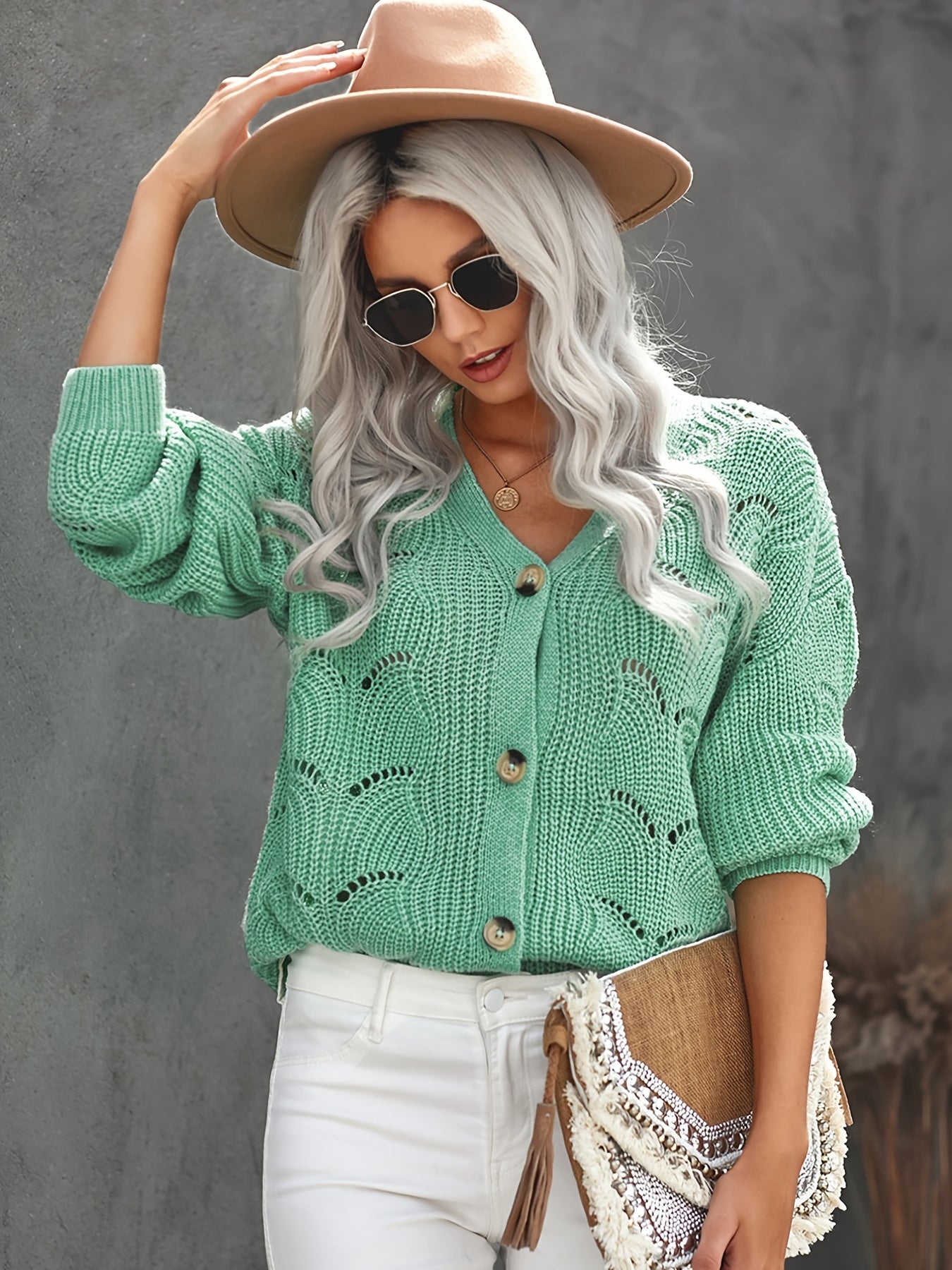 2025 gbolsos  Hollow Out Button Down Knit Cardigan, Casual V-Neck Long Sleeve Fall Winter Sweater Coat, Women's Clothing