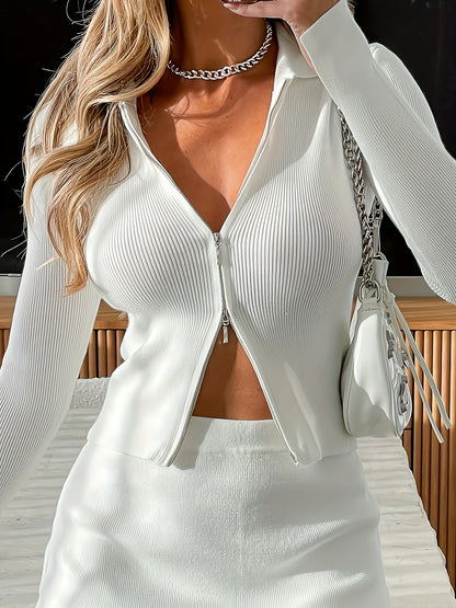 gbolsos  Solid Zip Up Knitted Top, Sexy Turndown Collar Long Sleeve Slim Cardigan, Women's Clothing