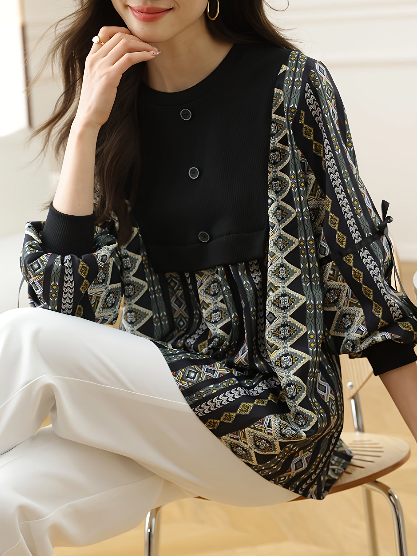 gbolsos  Vintage Graphic Print Splicing Top, Elegant Button Front Lantern Sleeve Top For Spring & Fall, Women's Clothing