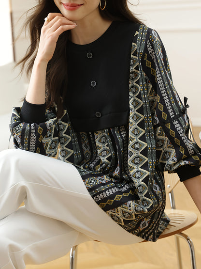 gbolsos  Vintage Graphic Print Splicing Top, Elegant Button Front Lantern Sleeve Top For Spring & Fall, Women's Clothing