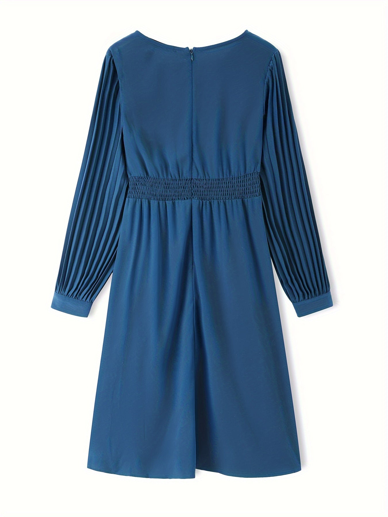 Tucked Solid Midi Dress, Elegant V Neck Long Sleeve Dress, Women's Clothing