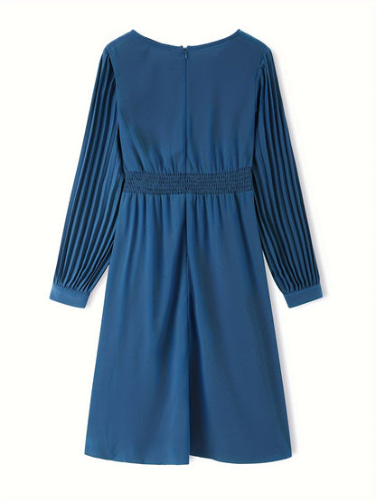 Tucked Solid Midi Dress, Elegant V Neck Long Sleeve Dress, Women's Clothing