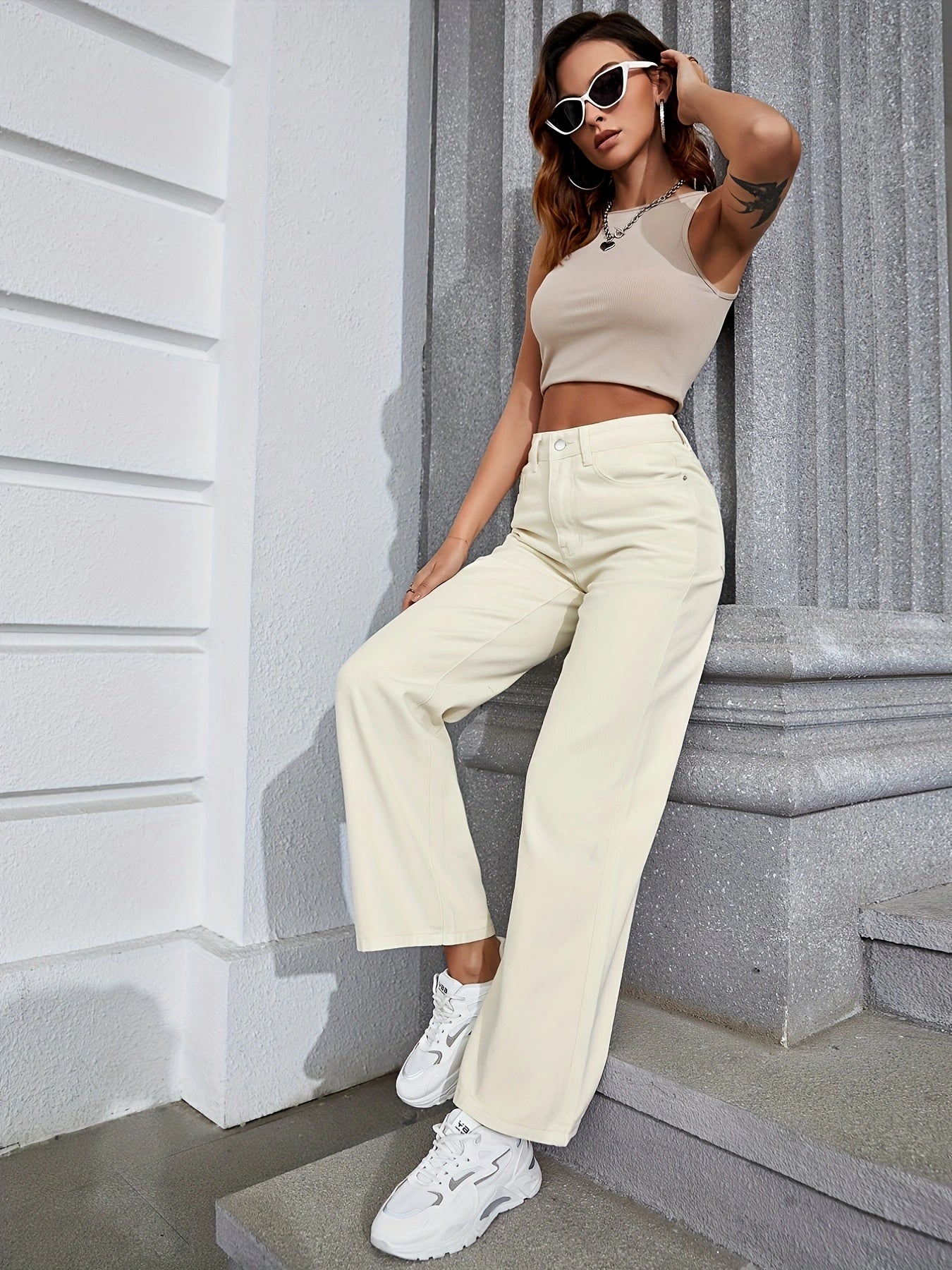 2025 gbolsos  White Wide Leg Straight Jeans, Slash Pockets High Waist Loose Fit High Rise Preppy Denim Pants, Women's Denim Jeans & Clothing