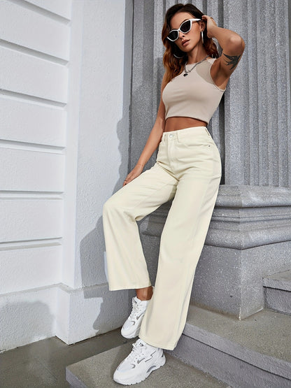 2025 gbolsos  White Wide Leg Straight Jeans, Slash Pockets High Waist Loose Fit High Rise Preppy Denim Pants, Women's Denim Jeans & Clothing