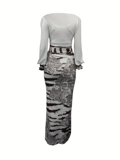 gbolsos  Graphic Print Splicing Dress, Vacation Split Thigh Plunging Long Sleeve Maxi Dress, Women's Clothing